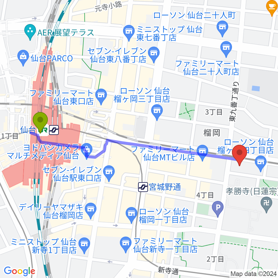 仙台駅から仙台音屋スタジオ＋へのルートマップ地図
