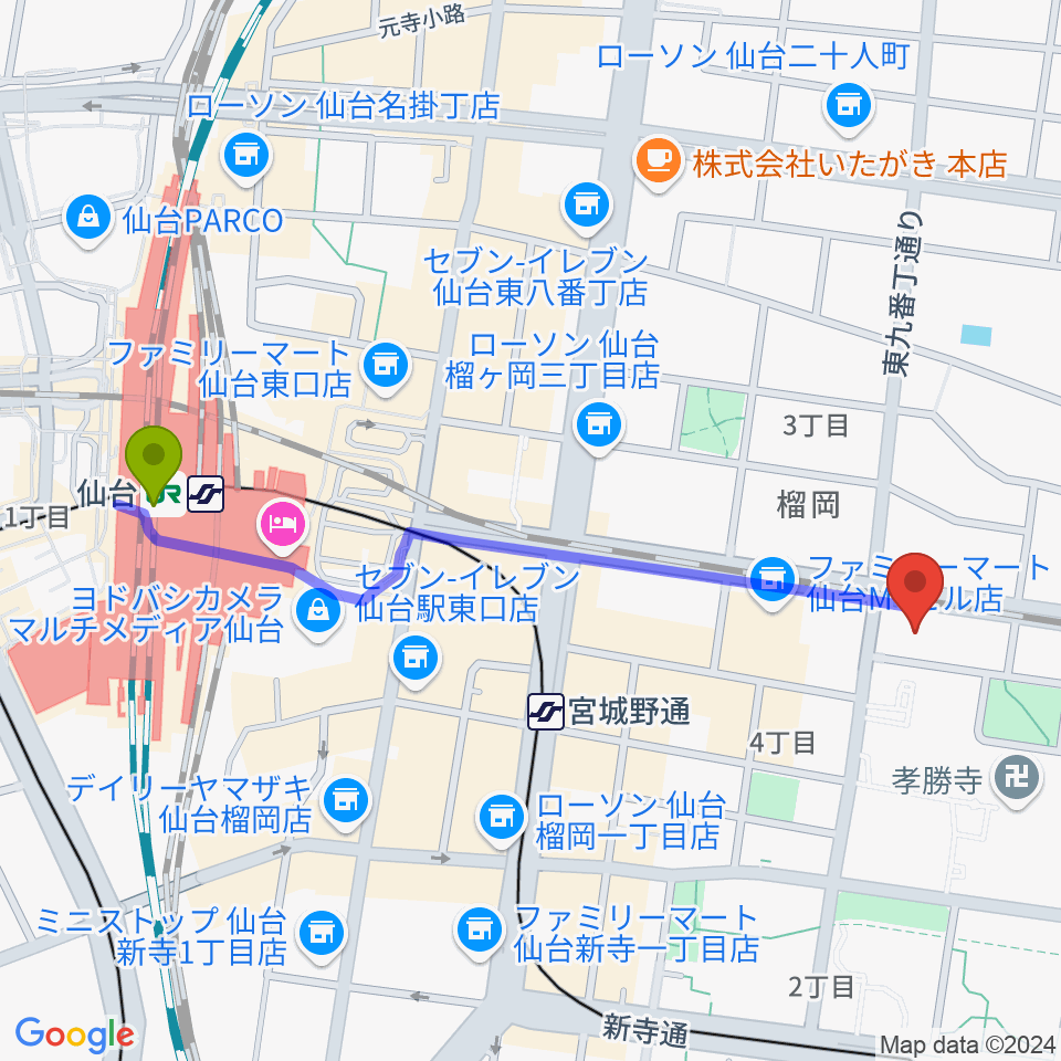 仙台駅から仙台音屋スタジオ＋へのルートマップ地図