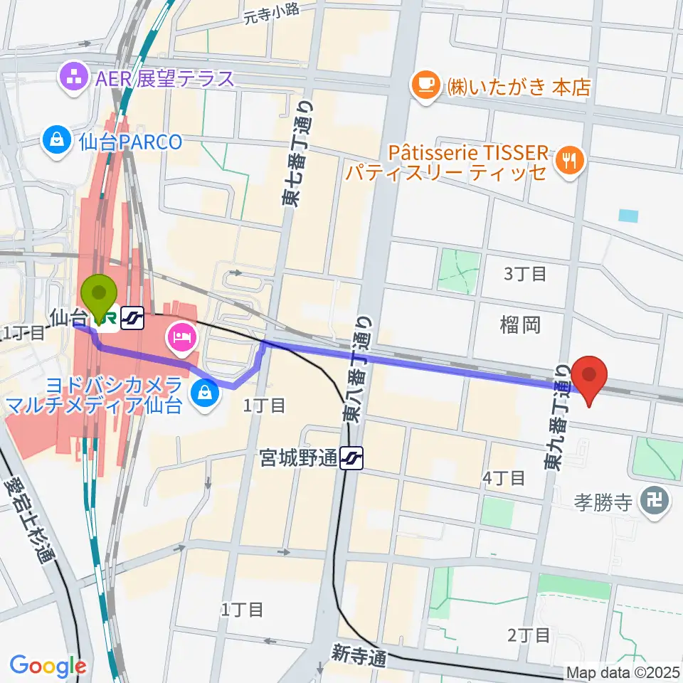 仙台駅から仙台音屋スタジオ＋へのルートマップ地図