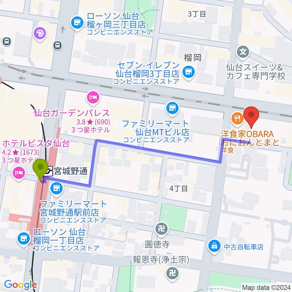 仙台音屋スタジオ＋の最寄駅宮城野通駅からの徒歩ルート（約6分）地図