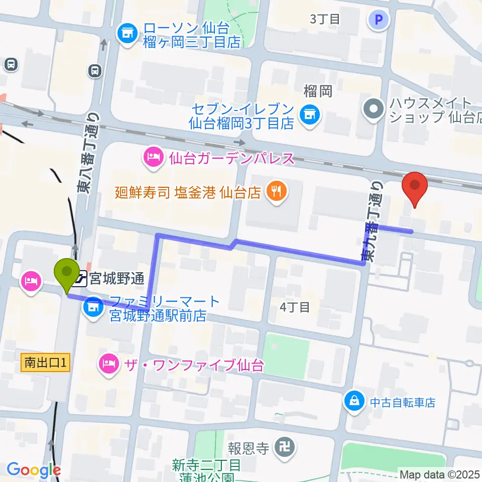 仙台音屋スタジオ＋の最寄駅宮城野通駅からの徒歩ルート（約6分）地図