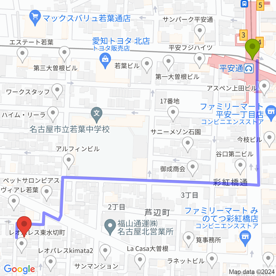 wanderer studioの最寄駅平安通駅からの徒歩ルート（約8分）地図