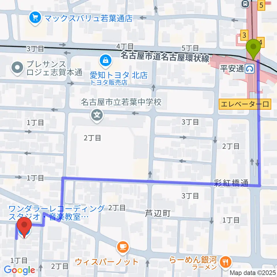 Wanderer Studioの最寄駅平安通駅からの徒歩ルート（約8分）地図