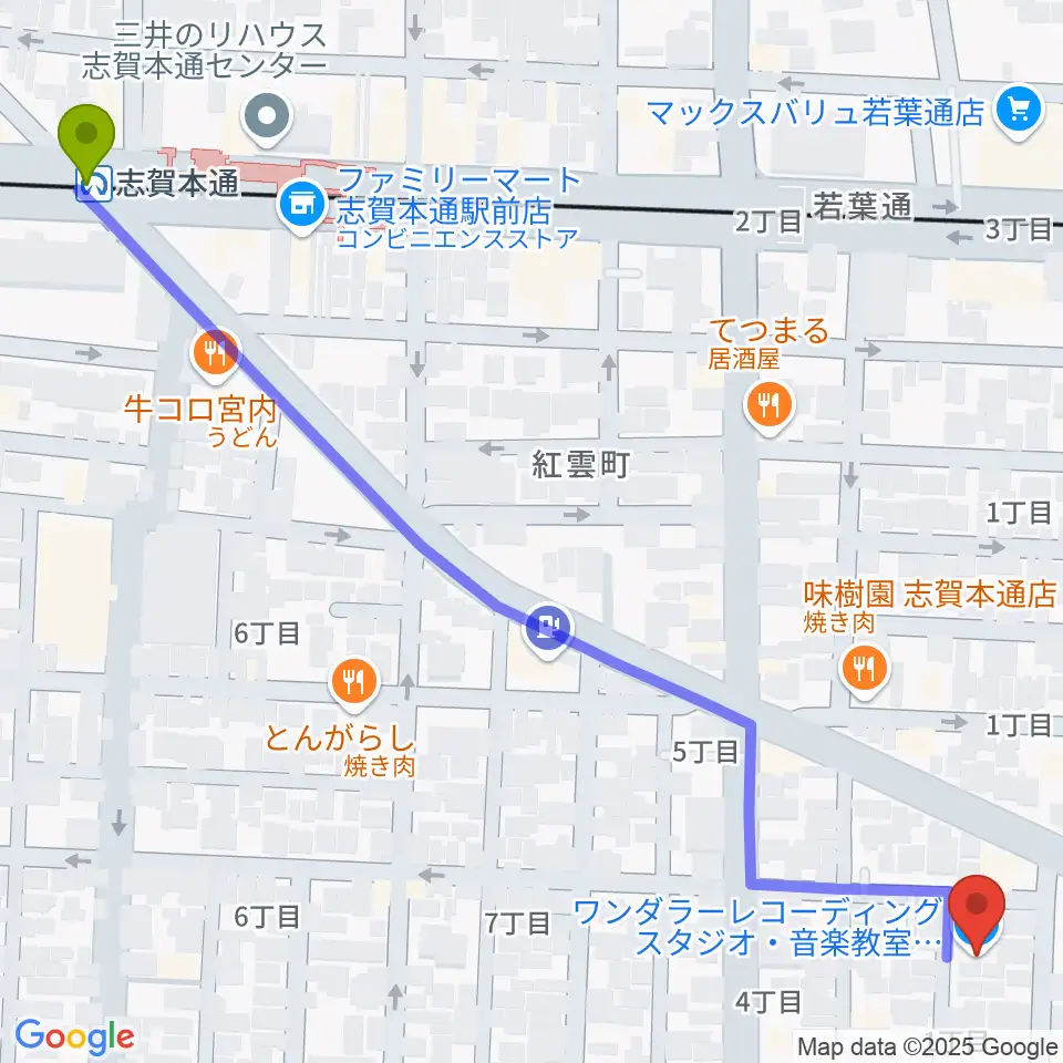 志賀本通駅からwanderer studioへのルートマップ地図