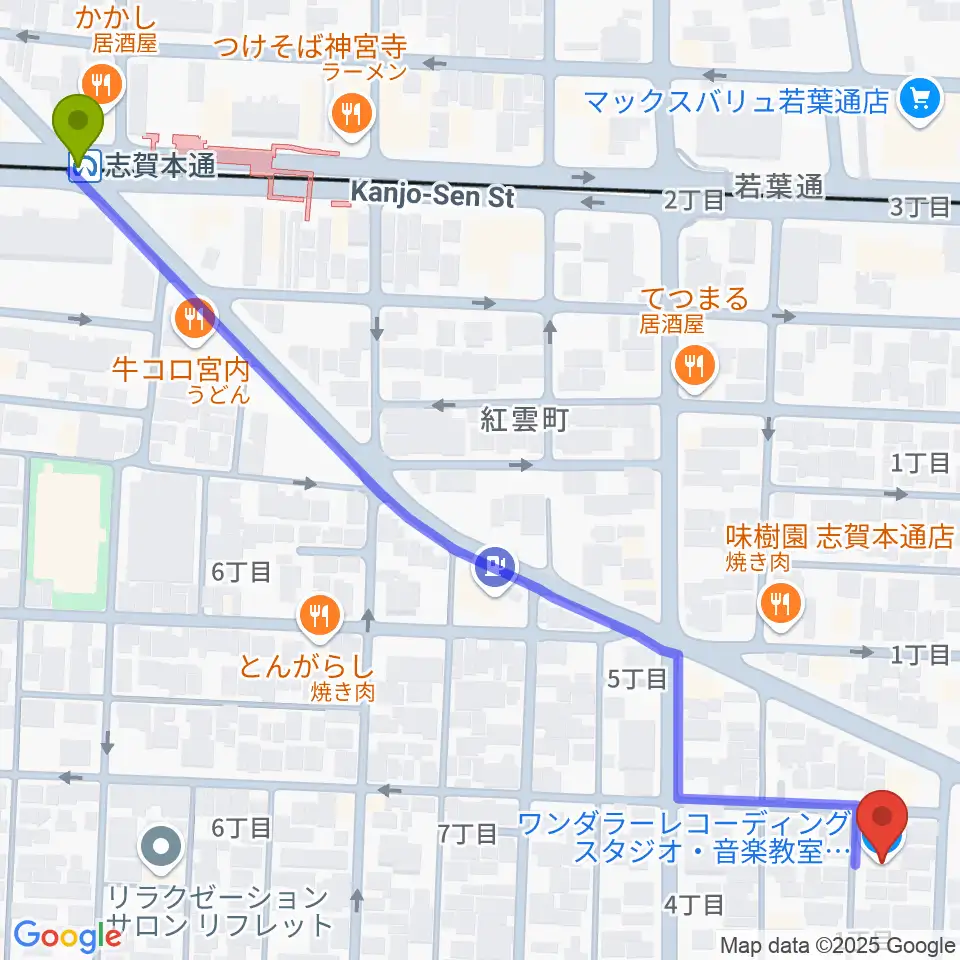 志賀本通駅からWanderer Studioへのルートマップ地図