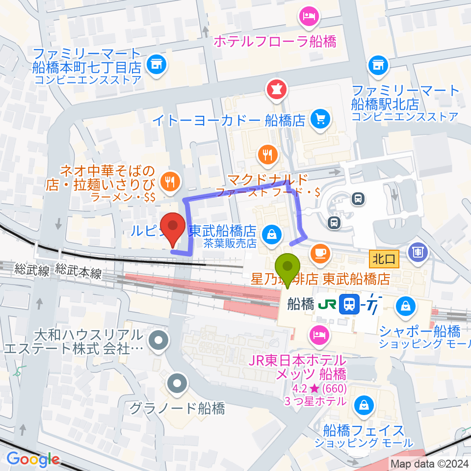 MUSIC PORTEの最寄駅船橋駅からの徒歩ルート（約2分）地図