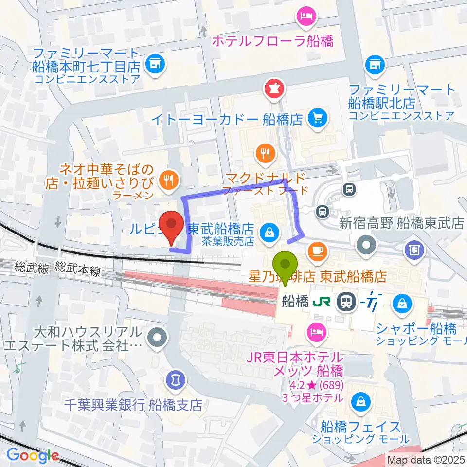 MUSIC PORTEの最寄駅船橋駅からの徒歩ルート（約2分）地図