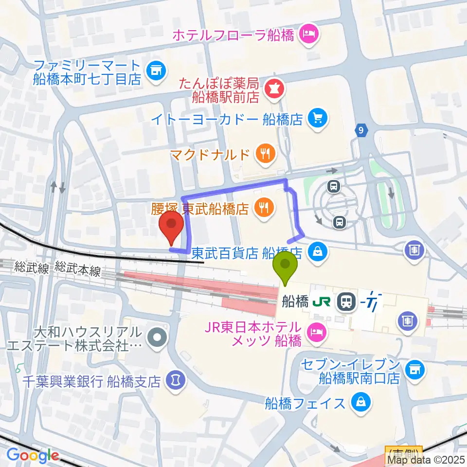 MUSIC PORTEの最寄駅船橋駅からの徒歩ルート（約2分）地図