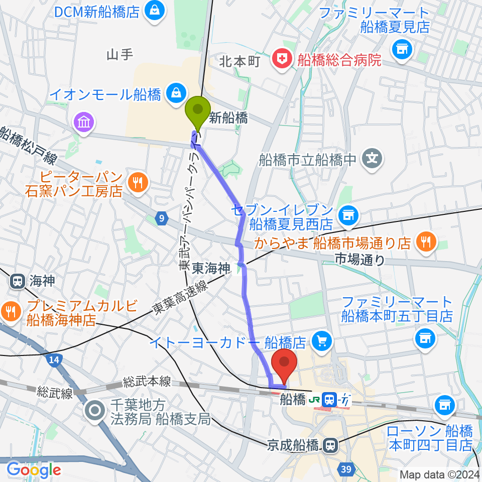 新船橋駅からMUSIC PORTEへのルートマップ地図