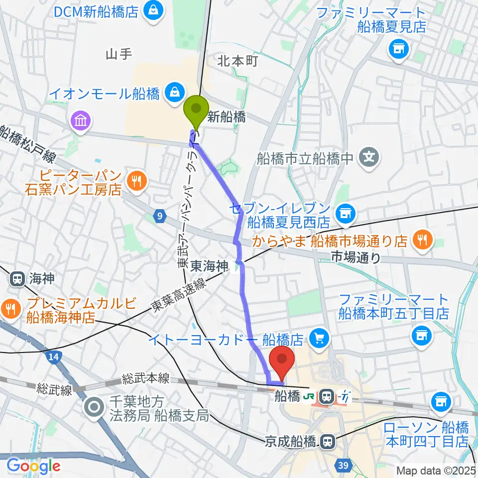 新船橋駅からMUSIC PORTEへのルートマップ地図