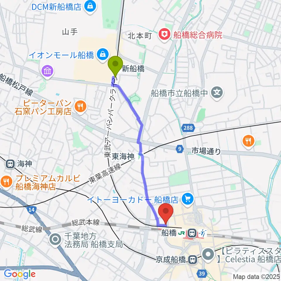 新船橋駅からMUSIC PORTEへのルートマップ地図