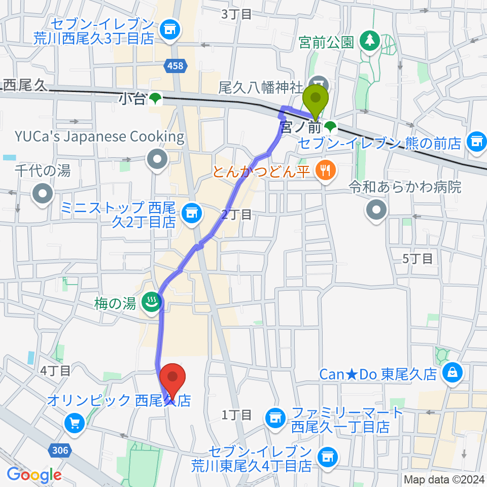 宮ノ前駅からみらい音楽スタジオへのルートマップ地図