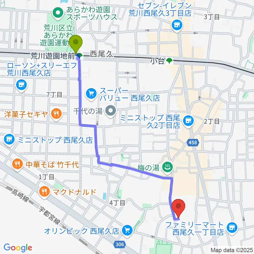 荒川遊園地前駅からみらい音楽スタジオへのルートマップ地図