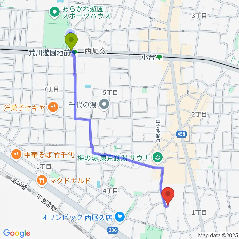 荒川遊園地前駅からみらい音楽スタジオへのルートマップ地図