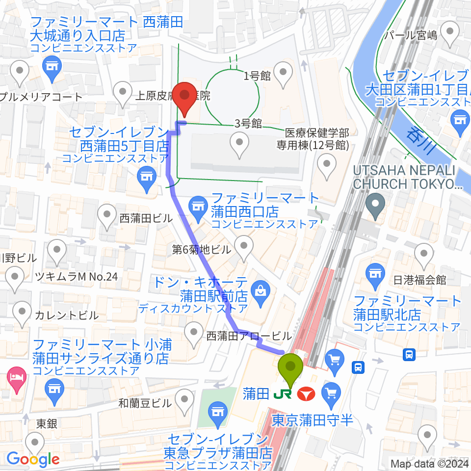 日本工学院アリーナの最寄駅蒲田駅からの徒歩ルート（約5分）地図