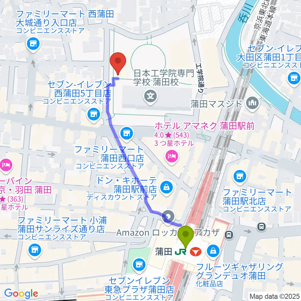 日本工学院アリーナの最寄駅蒲田駅からの徒歩ルート（約5分）地図