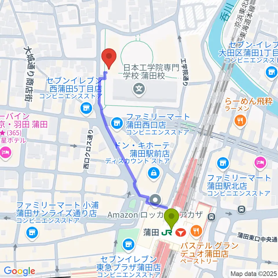 日本工学院アリーナの最寄駅蒲田駅からの徒歩ルート（約5分）地図