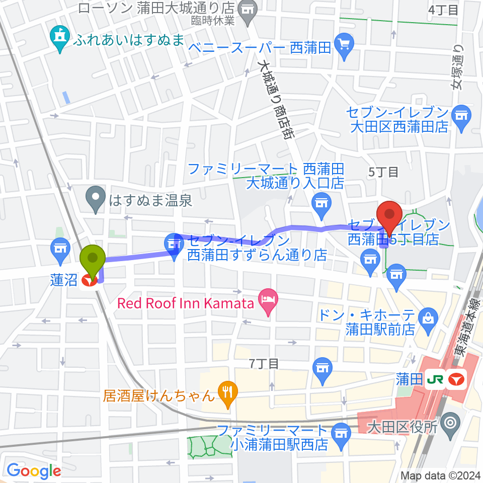 蓮沼駅から日本工学院アリーナへのルートマップ地図