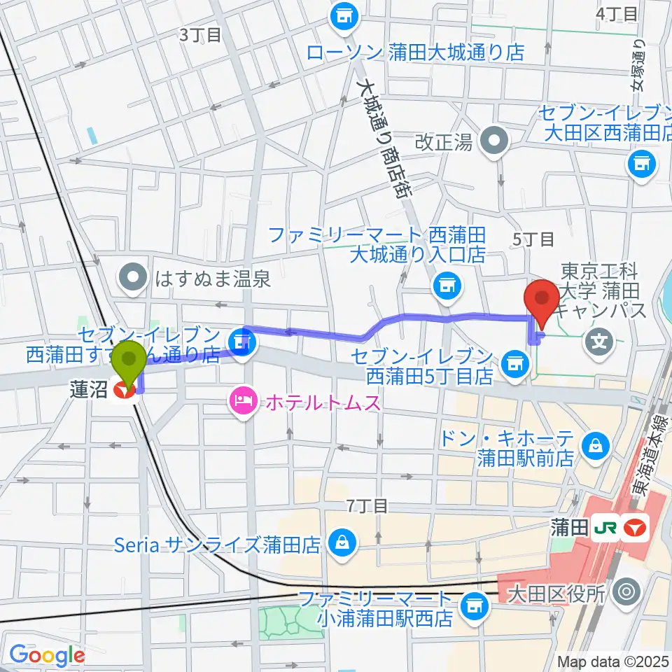 蓮沼駅から日本工学院アリーナへのルートマップ地図