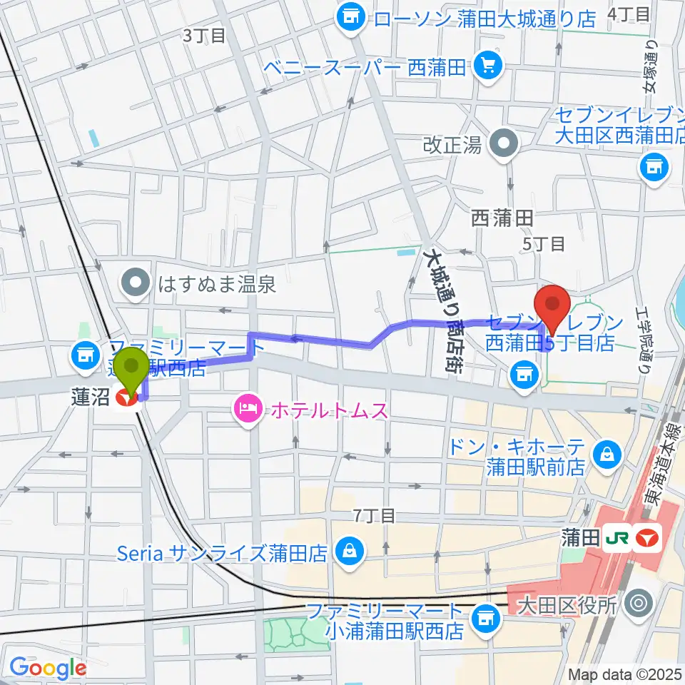 蓮沼駅から日本工学院アリーナへのルートマップ地図