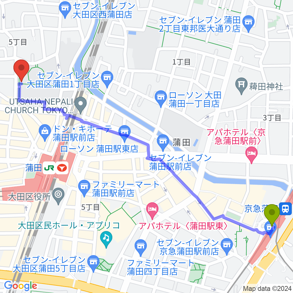 京急蒲田駅から日本工学院アリーナへのルートマップ地図