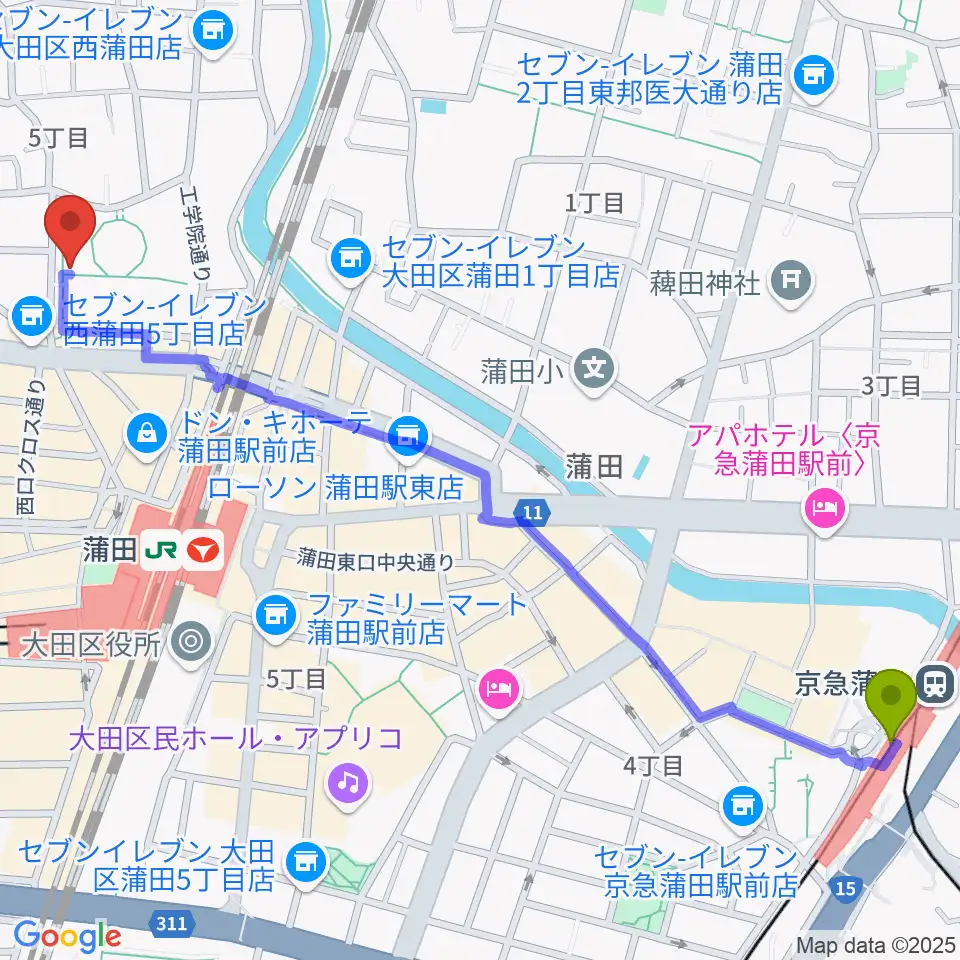 京急蒲田駅から日本工学院アリーナへのルートマップ地図