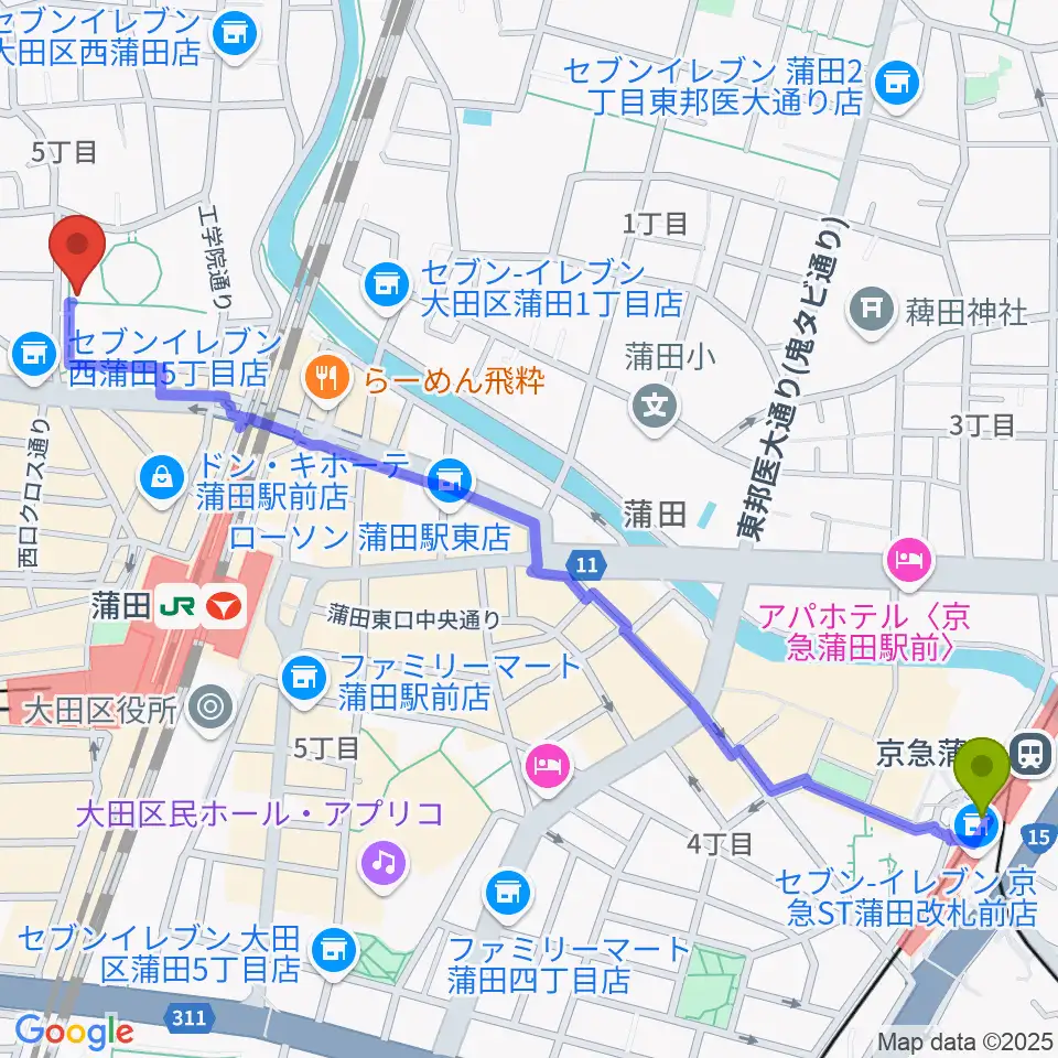 京急蒲田駅から日本工学院アリーナへのルートマップ地図