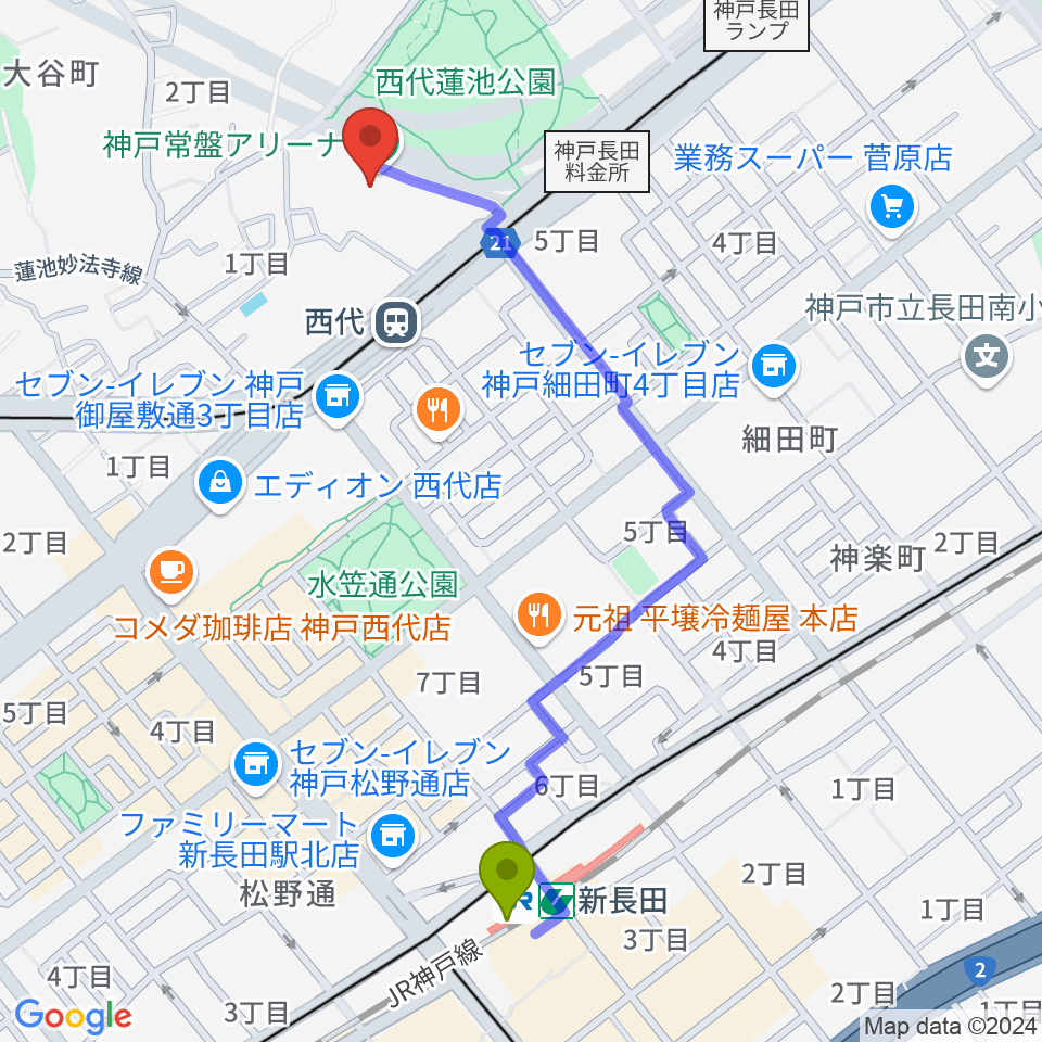 新長田駅から神戸常盤アリーナへのルートマップ地図