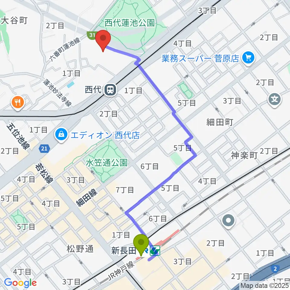 新長田駅から神戸常盤アリーナへのルートマップ地図