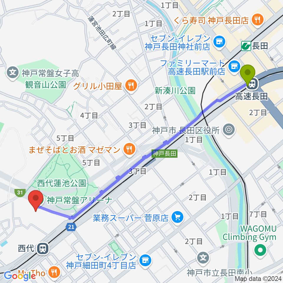 高速長田駅から神戸常盤アリーナへのルートマップ地図