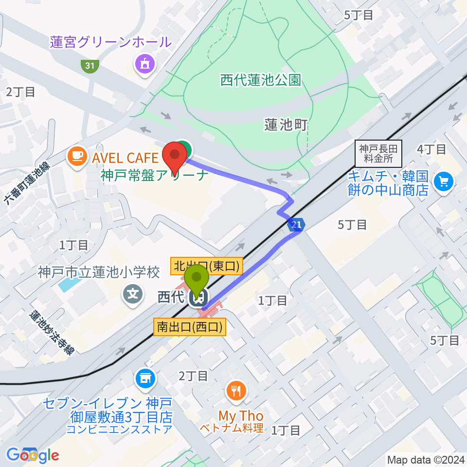 神戸常盤アリーナの最寄駅西代駅からの徒歩ルート（約2分）地図