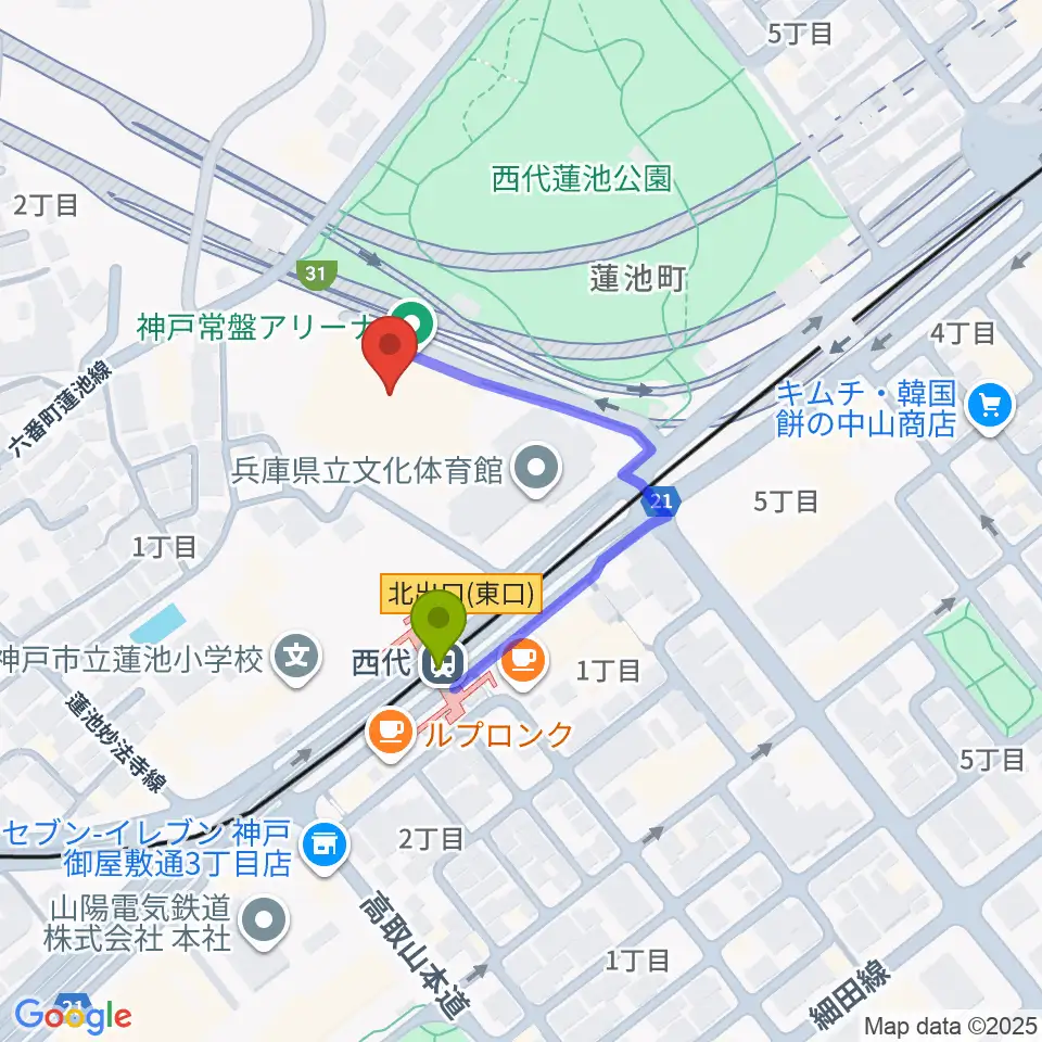 神戸常盤アリーナの最寄駅西代駅からの徒歩ルート（約2分）地図