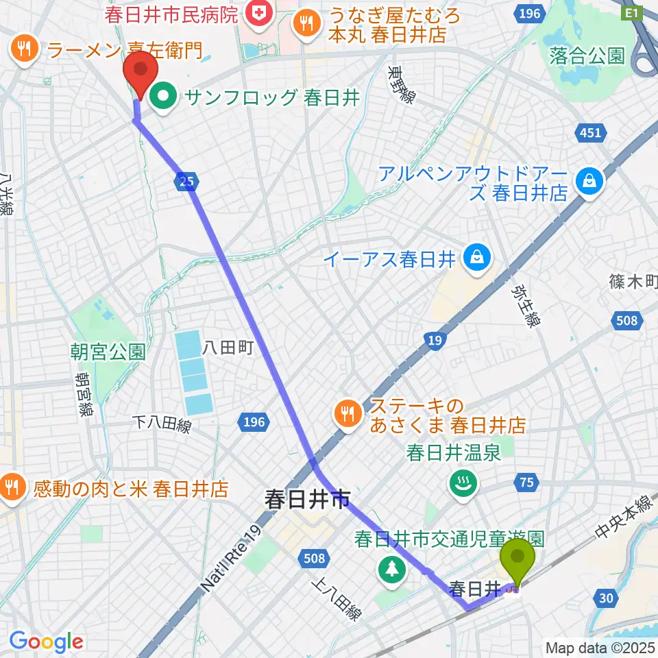 春日井駅から春日井市総合体育館へのルートマップ地図