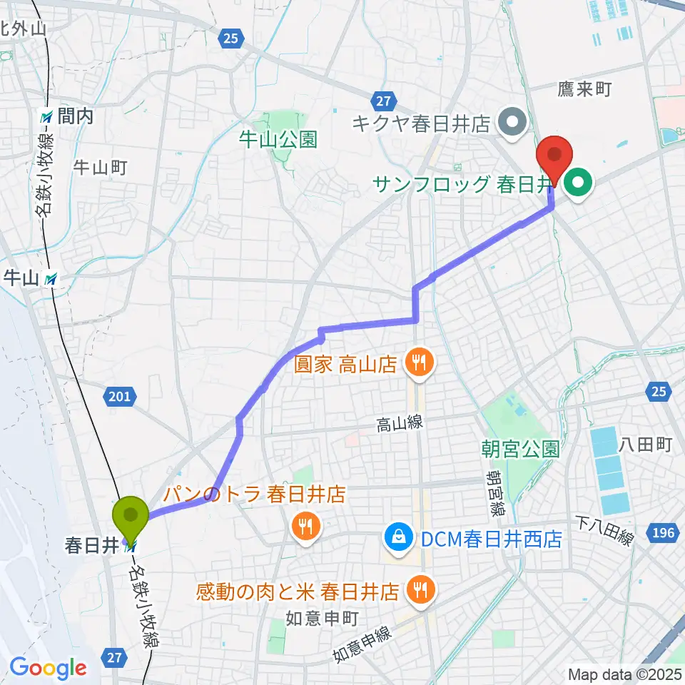 春日井駅から春日井市総合体育館へのルートマップ地図