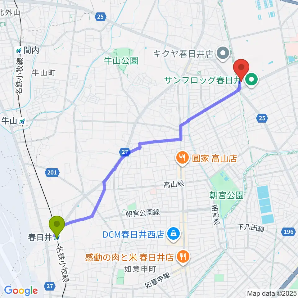 春日井駅から春日井市総合体育館へのルートマップ地図