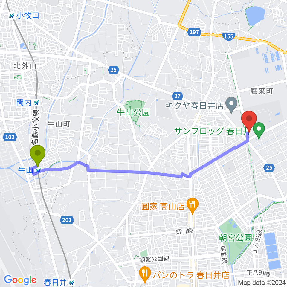 春日井市総合体育館の最寄駅牛山駅からの徒歩ルート（約47分）地図