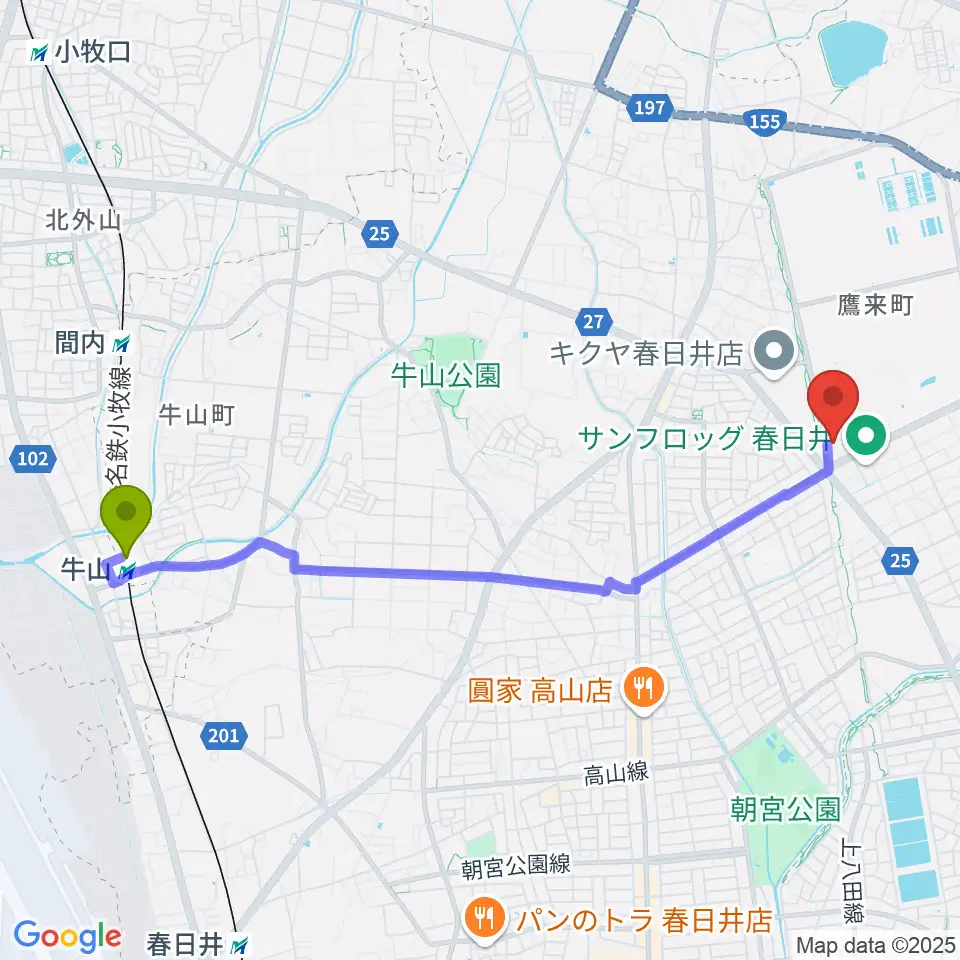 春日井市総合体育館の最寄駅牛山駅からの徒歩ルート（約47分）地図