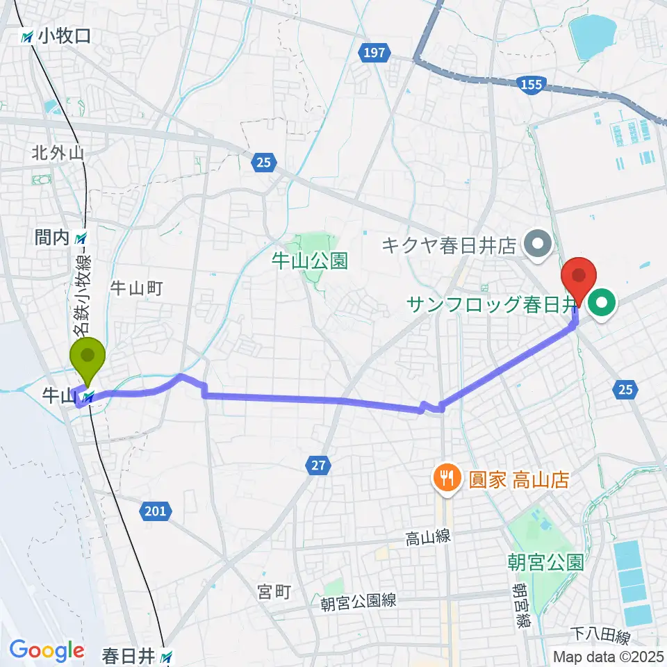 春日井市総合体育館の最寄駅牛山駅からの徒歩ルート（約47分）地図