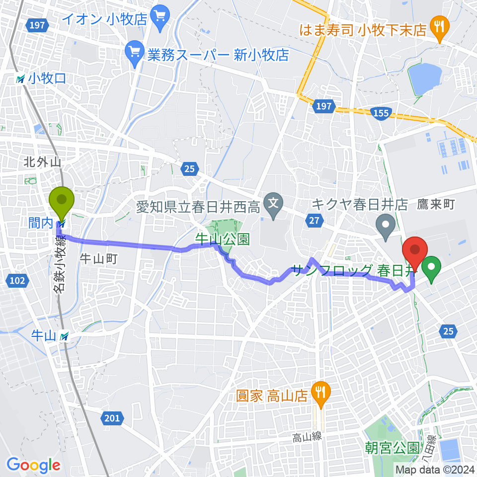 間内駅から春日井市総合体育館へのルートマップ地図