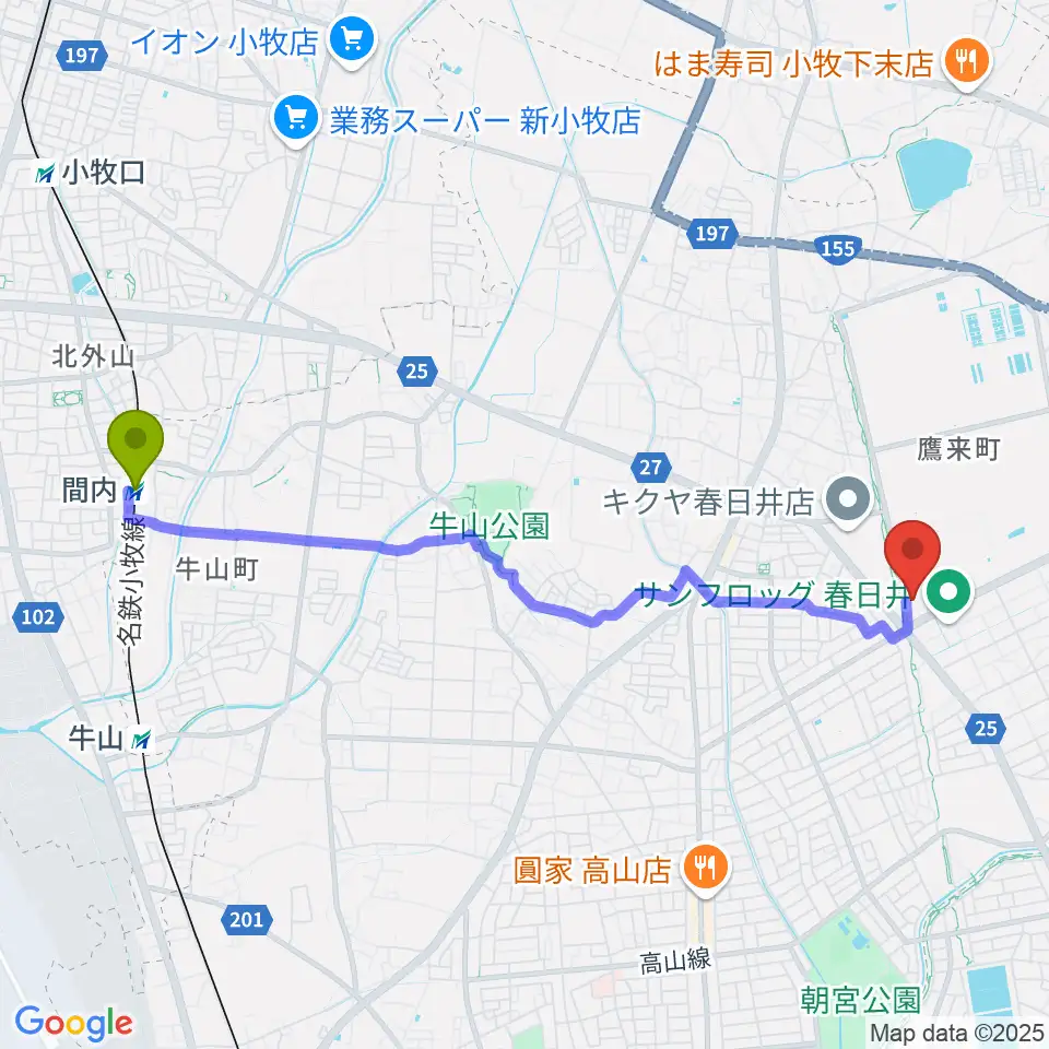 間内駅から春日井市総合体育館へのルートマップ地図