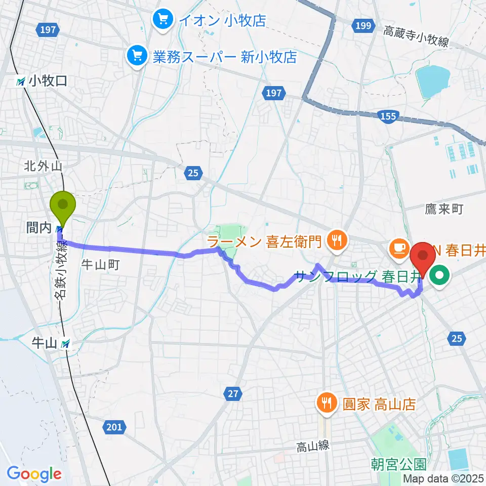 間内駅から春日井市総合体育館へのルートマップ地図