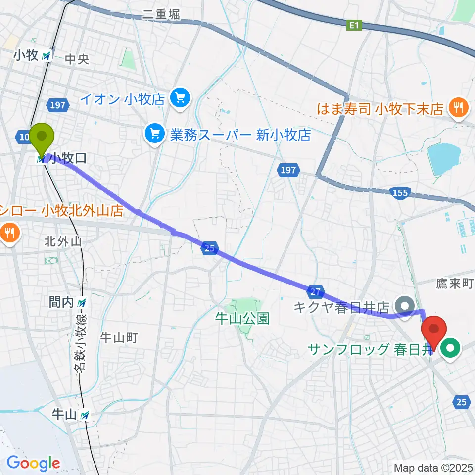 小牧口駅から春日井市総合体育館へのルートマップ地図