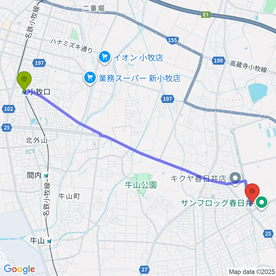 小牧口駅から春日井市総合体育館へのルートマップ地図
