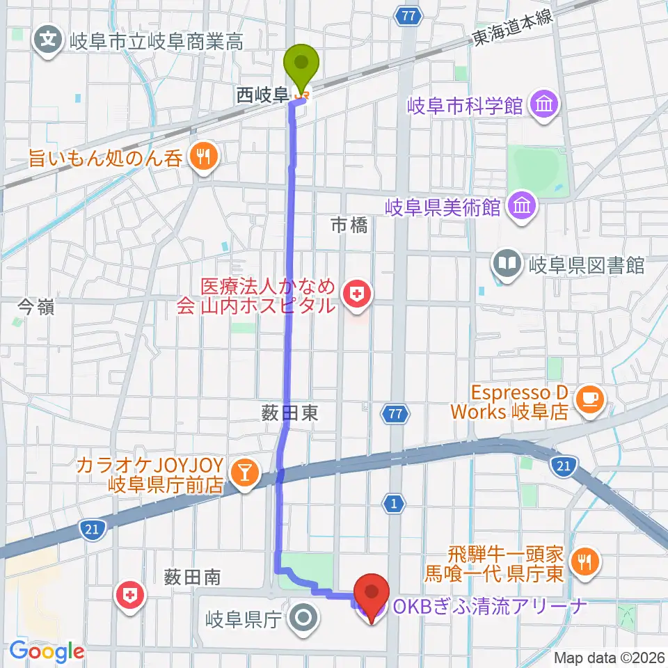 Okbぎふ清流アリーナの最寄駅西岐阜駅からの徒歩ルート 約25分 Mdata