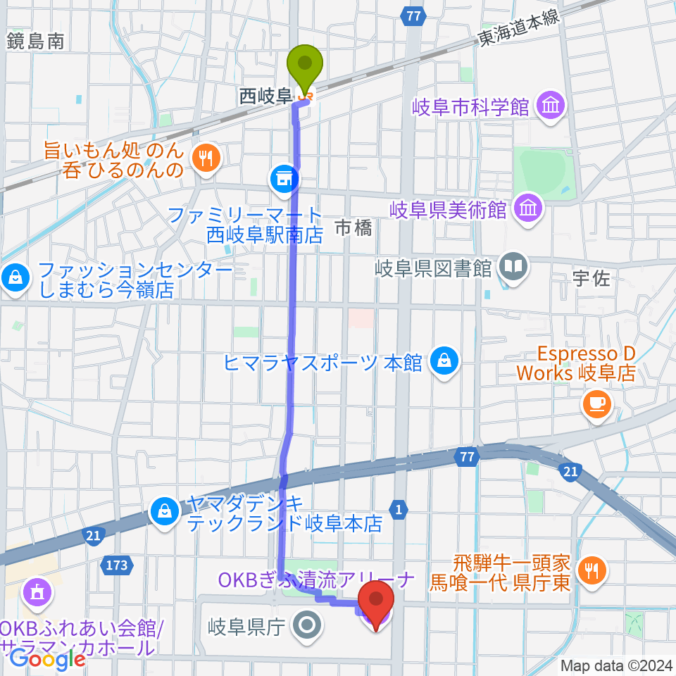 OKBぎふ清流アリーナの最寄駅西岐阜駅からの徒歩ルート（約25分）地図