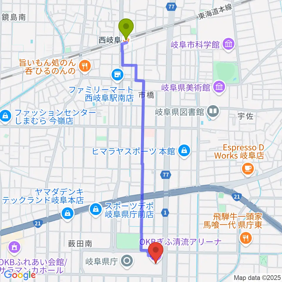 OKBぎふ清流アリーナの最寄駅西岐阜駅からの徒歩ルート（約25分）地図