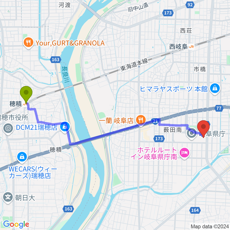 穂積駅からOKBぎふ清流アリーナへのルートマップ地図