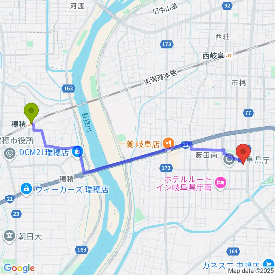 穂積駅からOKBぎふ清流アリーナへのルートマップ地図