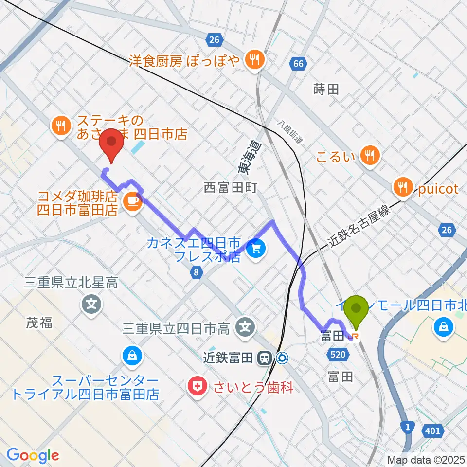 富田駅から四日市地域総合会館あさけプラザへのルートマップ地図