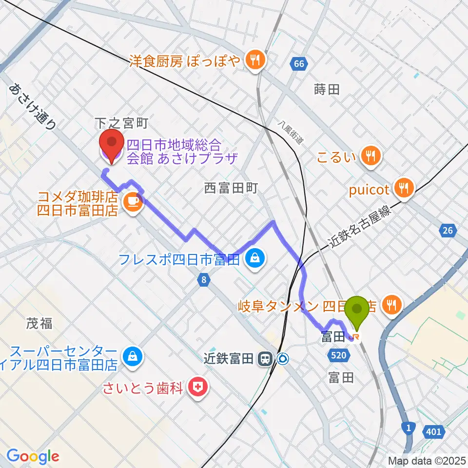 富田駅から四日市地域総合会館あさけプラザへのルートマップ地図